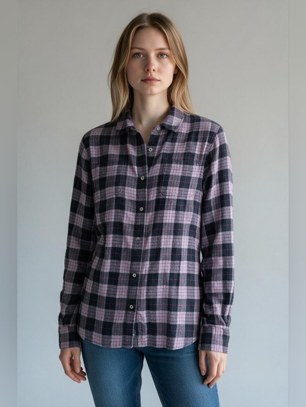 Northface Black And Lavender Plaid Flannel Shirt - SZ L